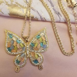 Crystal Rhinestone Blue Pink Butterfly Necklace